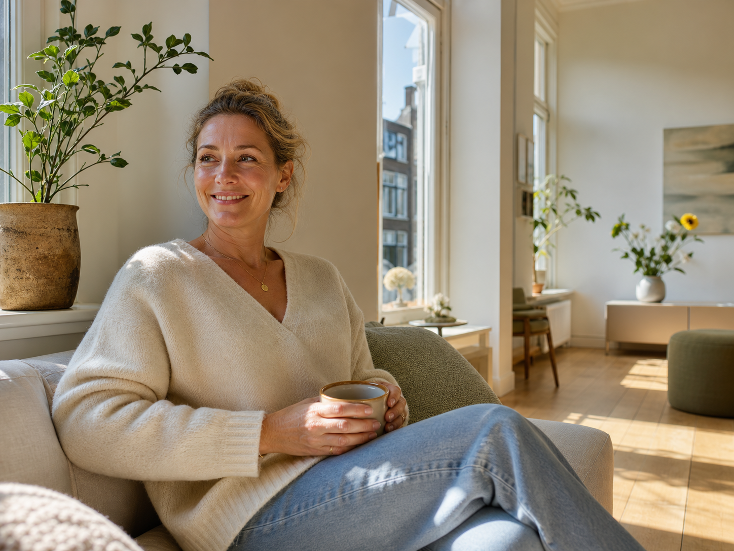 Tevreden bewoner in een frisse woonkamer
